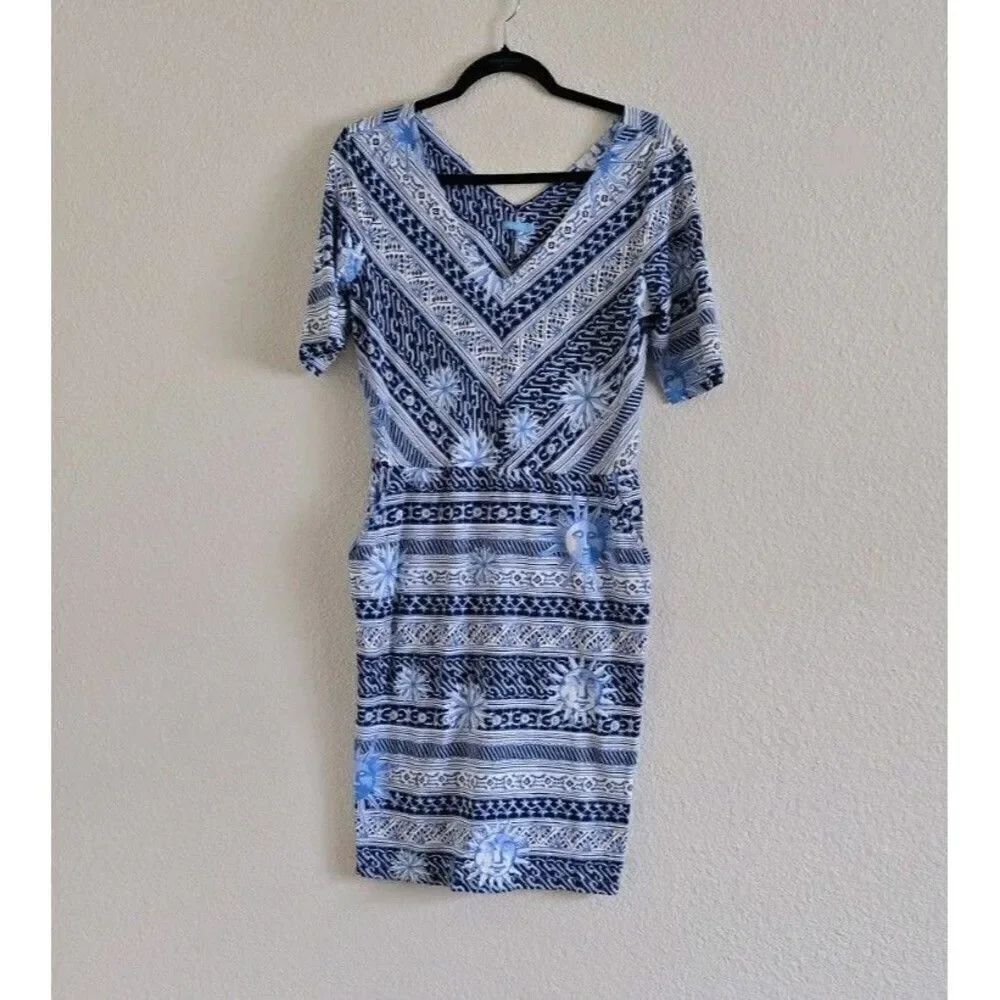 J.McLaughlin Blue Print Catalina Cloth Harbor Dress Size L Nautical V-neck